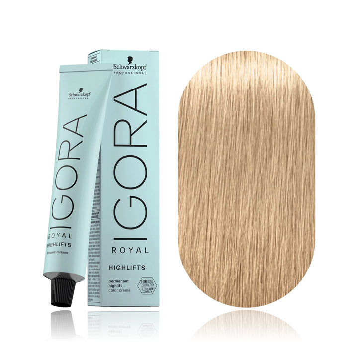 Schwarzkopf IGORA Royal Highlifts 10-4 Ultra Blonde Beige permanent hair color tube, box and hair swatch