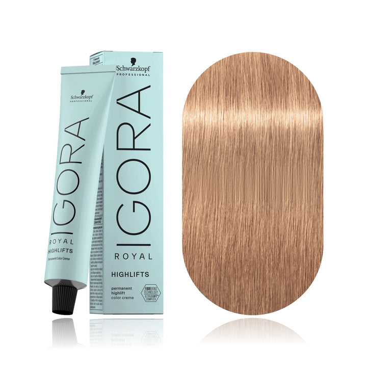 Schwarzkopf IGORA Royal Highlifts 10-49 Ultra Blonde Beige Violet permanent hair color tube, box and hair swatch