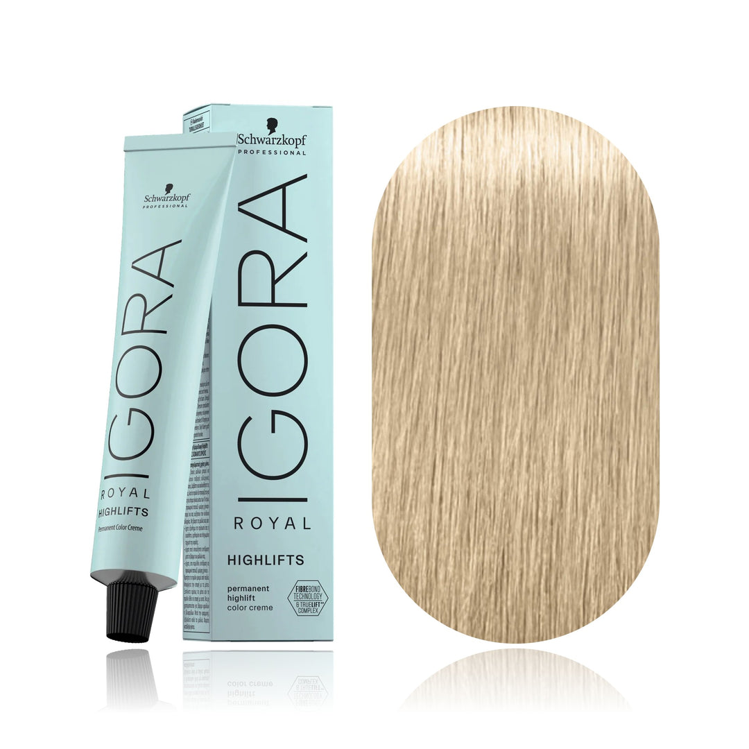 Schwarzkopf IGORA Royal Highlifts 12-1 Special Blonde Cendré permanent hair color tube, box and hair swatch