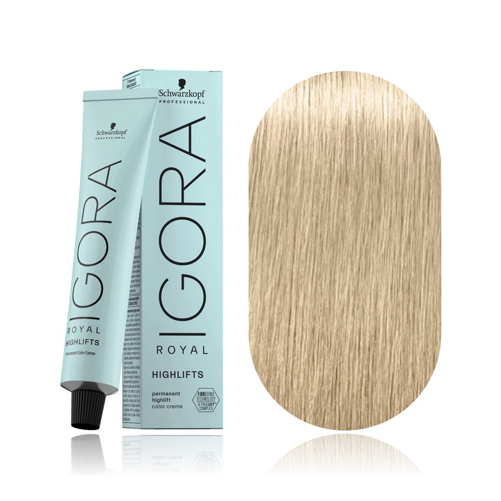 Schwarzkopf IGORA Royal Highlifts 12-1 Special Blonde Cendré permanent hair color tube, box and hair swatch