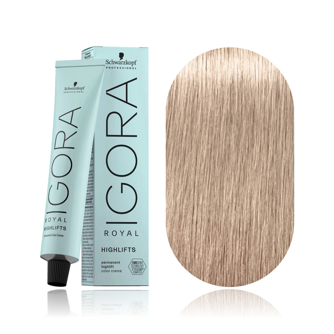 Schwarzkopf IGORA Royal Highlifts 12-19 Special Blonde Cendré Violet permanent hair color tube, box and hair swatch