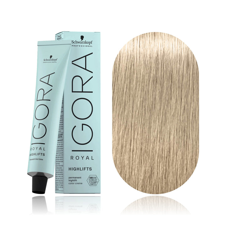 Schwarzkopf IGORA Royal Highlifts 12-2 Special Blonde Ash permanent hair color tube, box and hair swatch