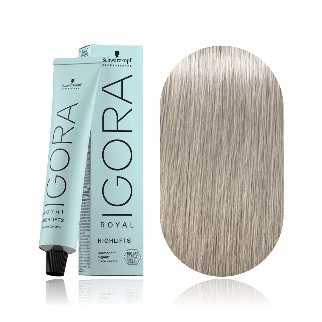 Schwarzkopf IGORA Royal Highlifts 12-21 Special Blonde Ash Cendré permanent hair color tube, box and hair swatch