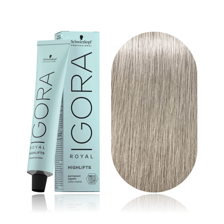 Schwarzkopf IGORA Royal Highlifts 12-21 Special Blonde Ash Cendré permanent hair color tube, box and hair swatch