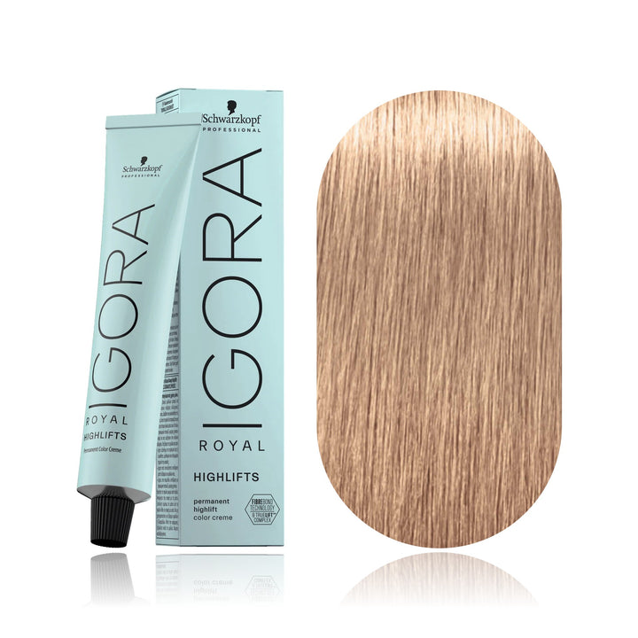 Schwarzkopf IGORA Royal Highlifts 12-49 Special Blonde Beige Violet permanent hair color tube, box and hair swatch
