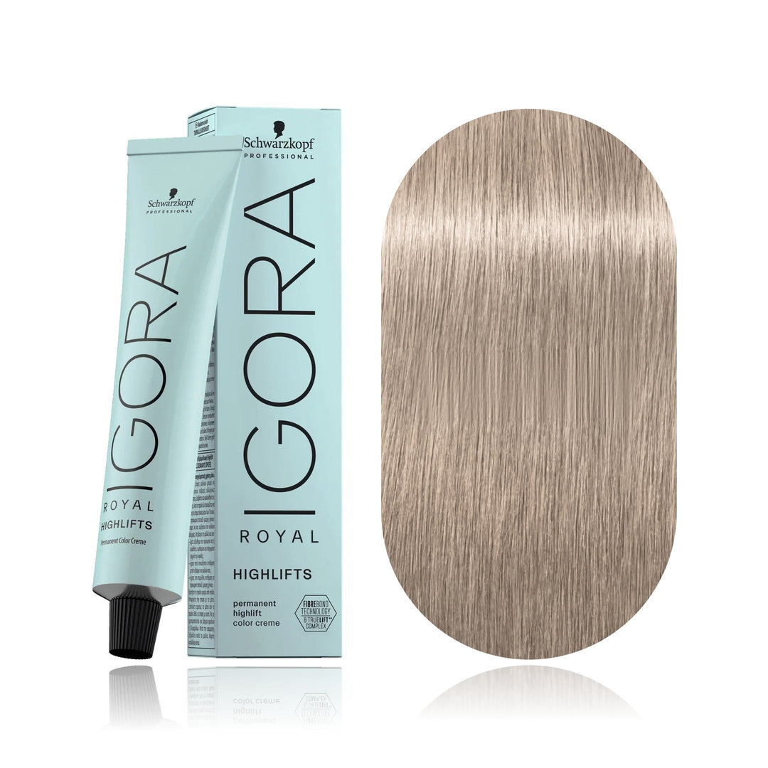 Schwarzkopf IGORA Royal Highlifts 12-91 Special Blonde Violet Cendré permanent hair color tube, box and hair swatch
