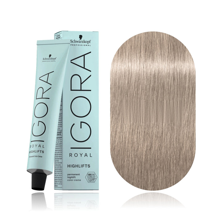 Schwarzkopf IGORA Royal Highlifts 12-91 Special Blonde Violet Cendré permanent hair color tube, box and hair swatch