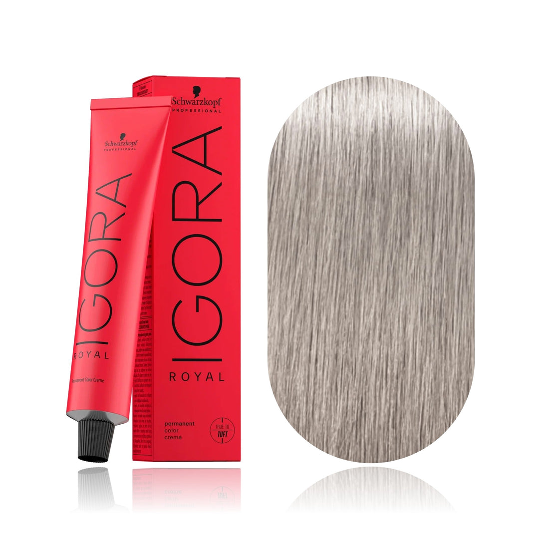 Schwarzkopf IGORA Royal 9.5-1 Pastel Pearl permanent hair color tube, box and hair swatch