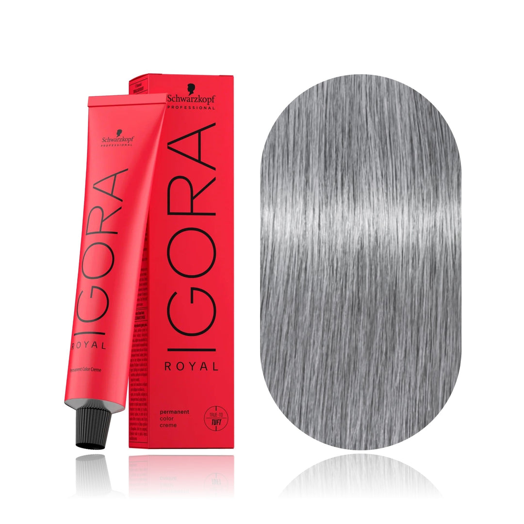Schwarzkopf IGORA Royal 9.5-22 Pastel Blue permanent hair color tube, box and hair swatch