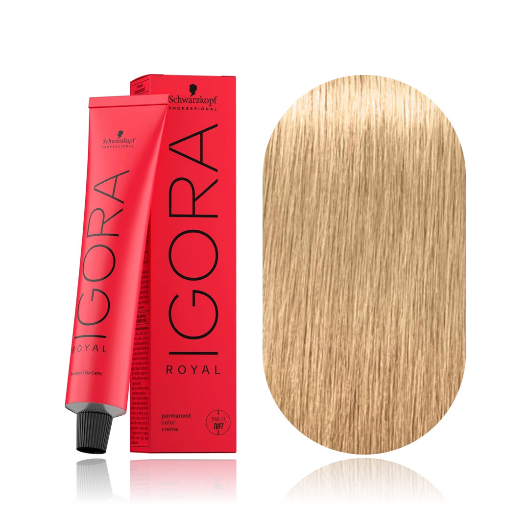 Schwarzkopf IGORA Royal 9.5-4 Pastel Beige permanent hair color tube, box and hair swatch