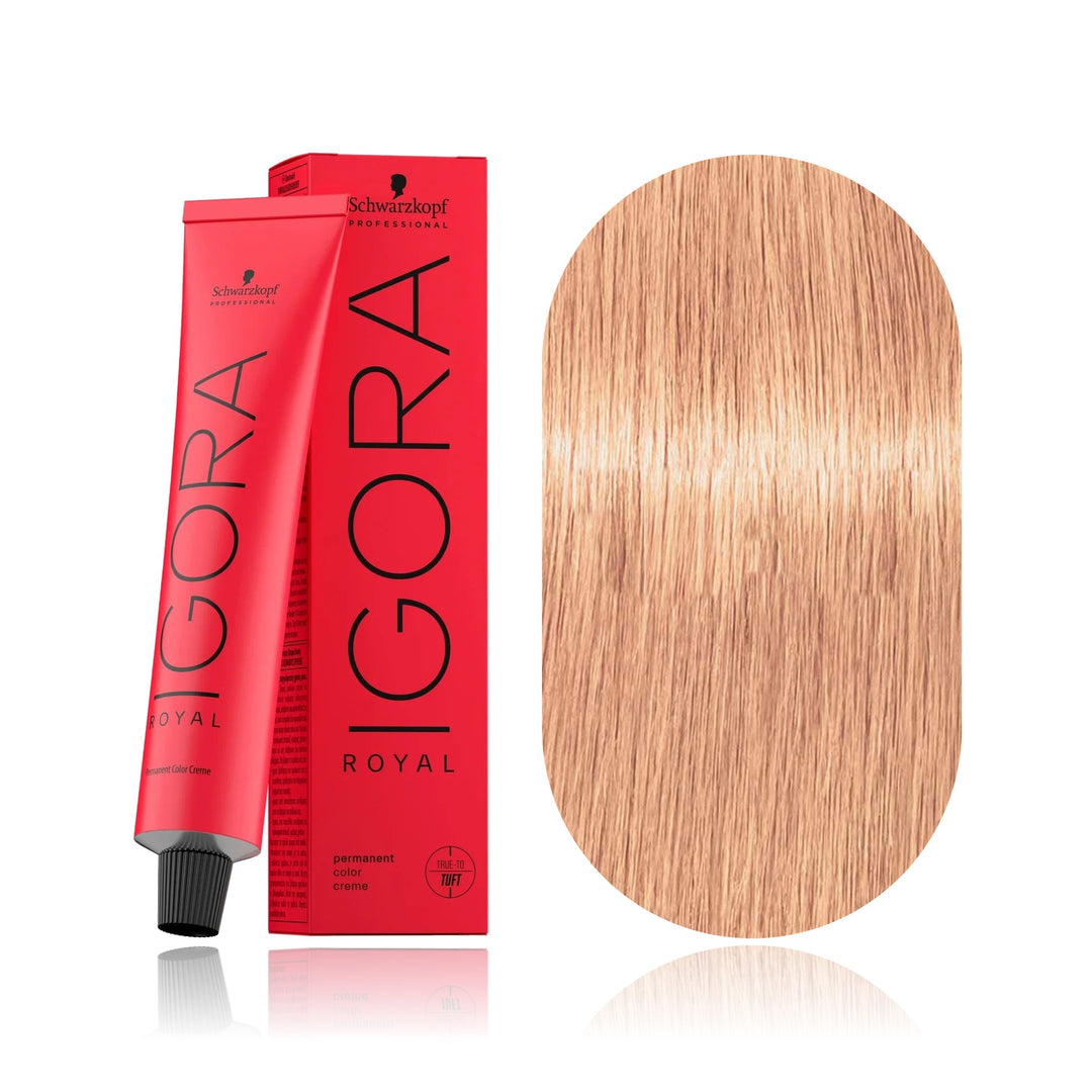 Schwarzkopf IGORA Royal 9.5-49 Pastel Nude permanent hair color tube, box and hair swatch