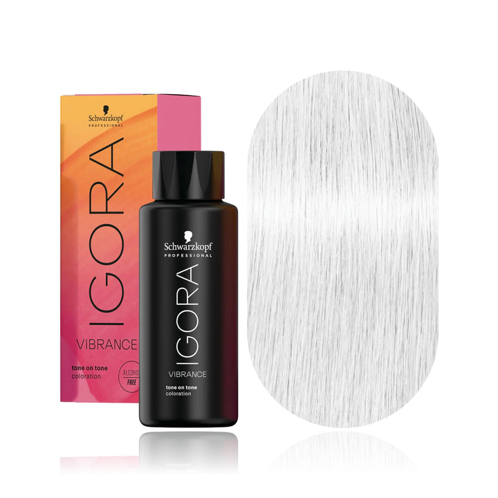 Schwarzkopf IGORA Vibrance 0-00 Clear demi-permanent hair color bottle, box and hair swatch