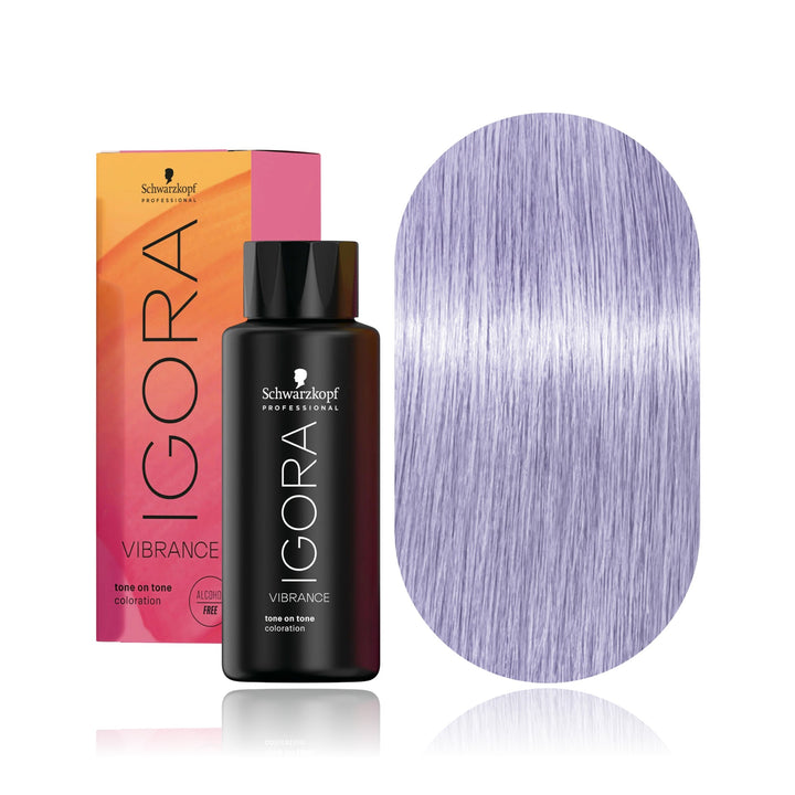 Schwarzkopf IGORA Vibrance 0-11 Cendré Concentrate demi-permanent hair color bottle, box and hair swatch