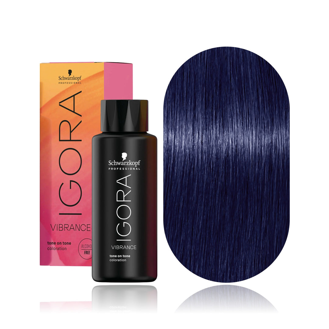 Schwarzkopf IGORA Vibrance 0-22 Ash Concentrate demi-permanent hair color bottle, box and hair swatch