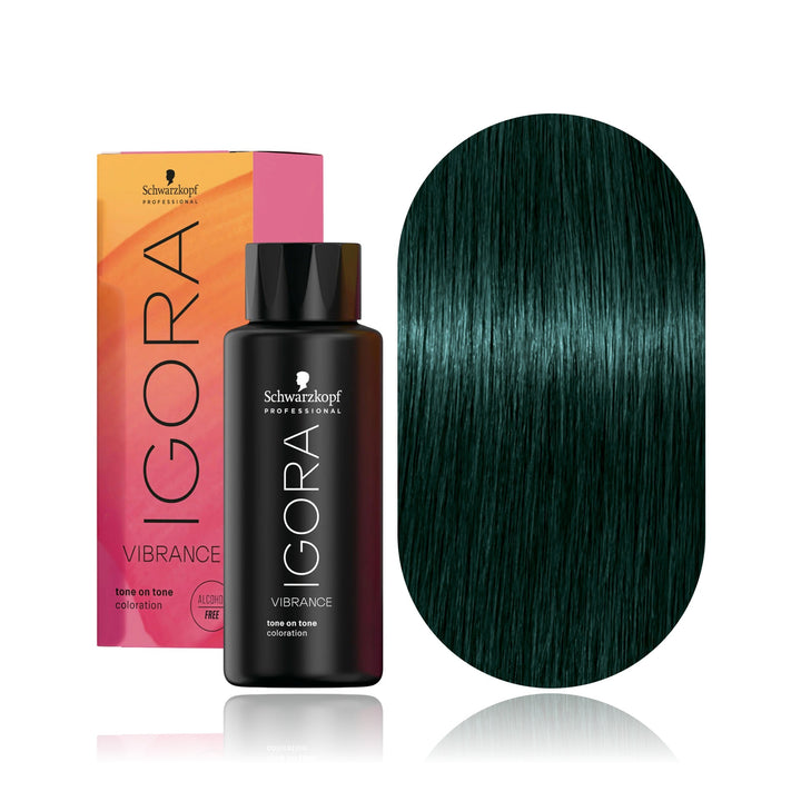 Schwarzkopf IGORA Vibrance 0-33 Matte Concentrate demi-permanent hair color bottle, box and hair swatch