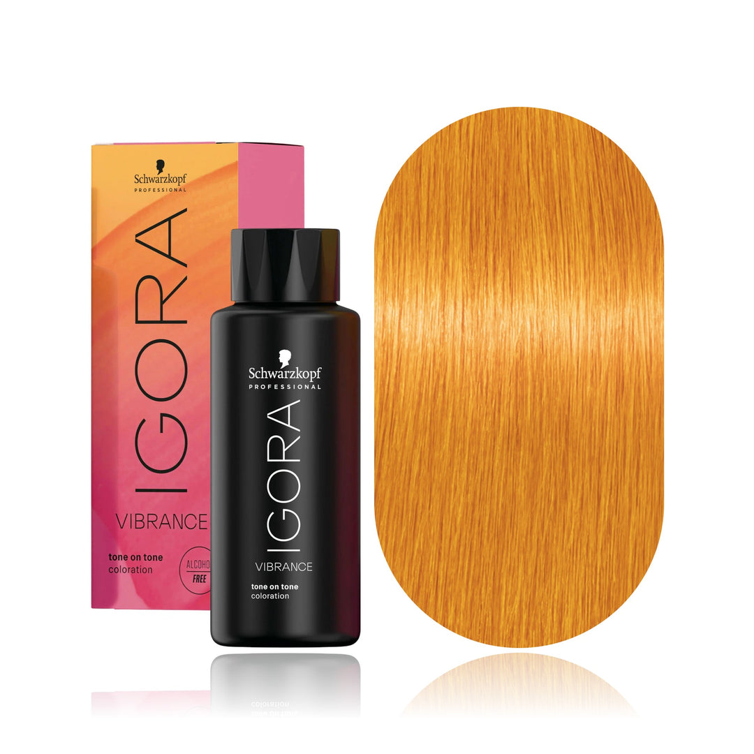 Schwarzkopf IGORA Vibrance 0-55 Gold Concentrate demi-permanent hair color bottle, box and hair swatch