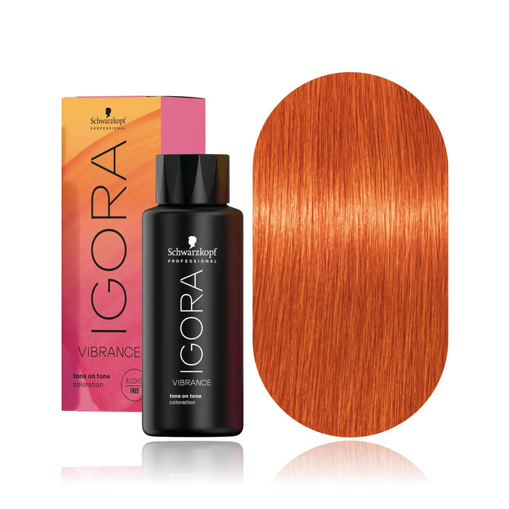 Schwarzkopf IGORA Vibrance 0-77 Copper Concentrate demi-permanent hair color bottle, box and hair swatch