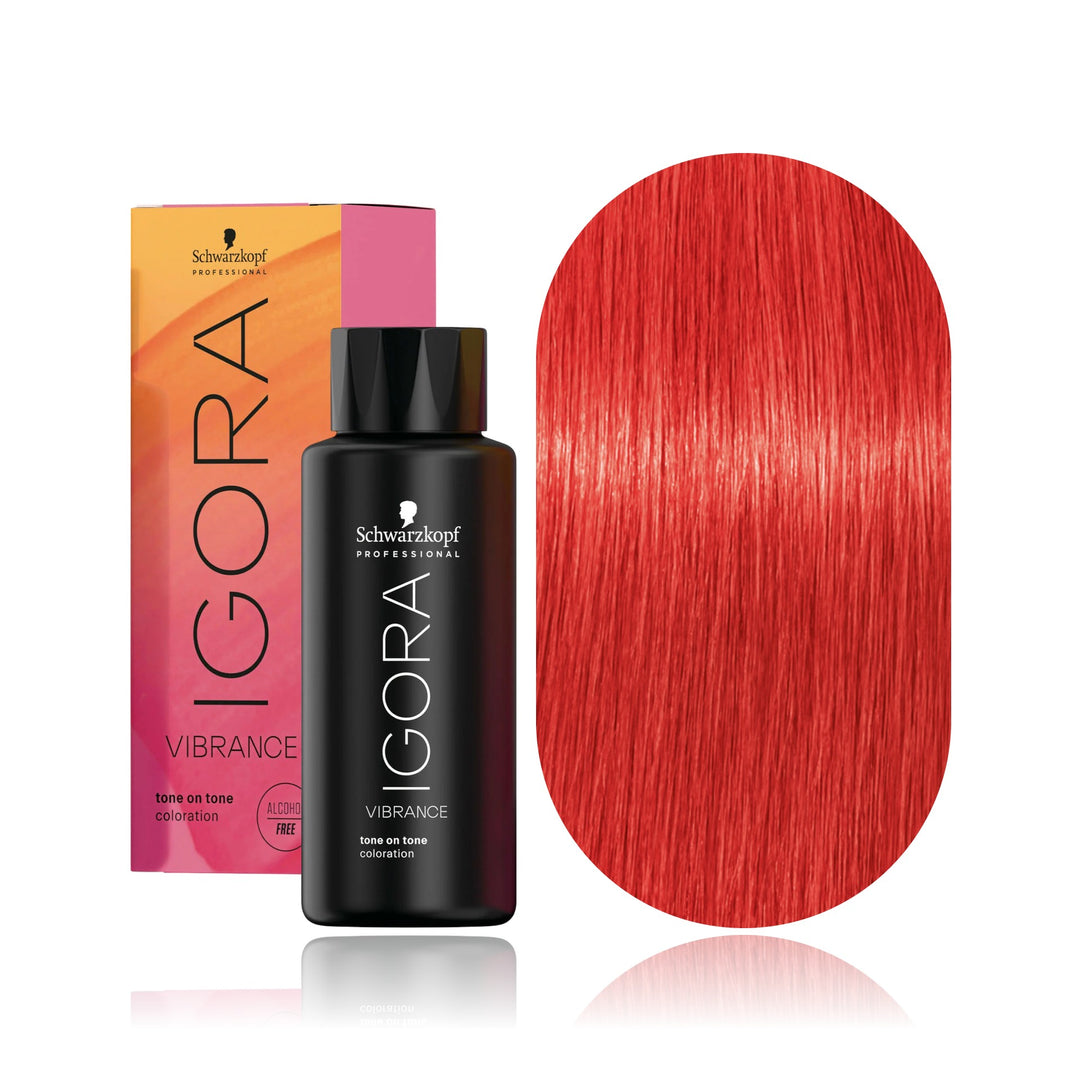 Schwarzkopf IGORA Vibrance 0-88 Red Concentrate demi-permanent hair color bottle, box and hair swatch