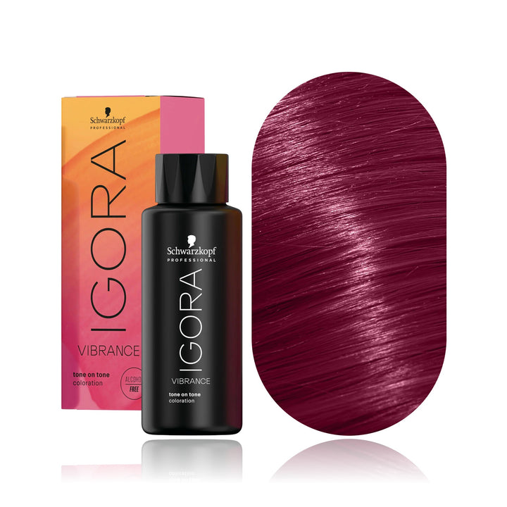 Schwarzkopf IGORA Vibrance 0-89 Red Violet Concentrate demi-permanent hair color bottle, box and hair swatch