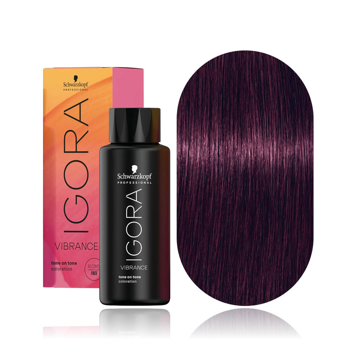 Schwarzkopf IGORA Vibrance 0-99 Violet Concentrate demi-permanent hair color bottle, box and hair swatch