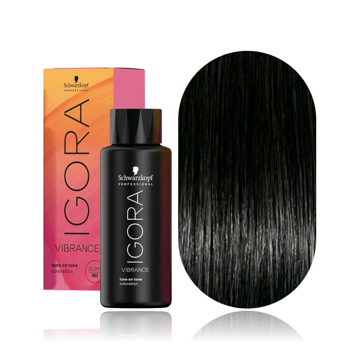 Schwarzkopf IGORA Vibrance 1-0 Black Natural demi-permanent hair color bottle, box and hair swatch