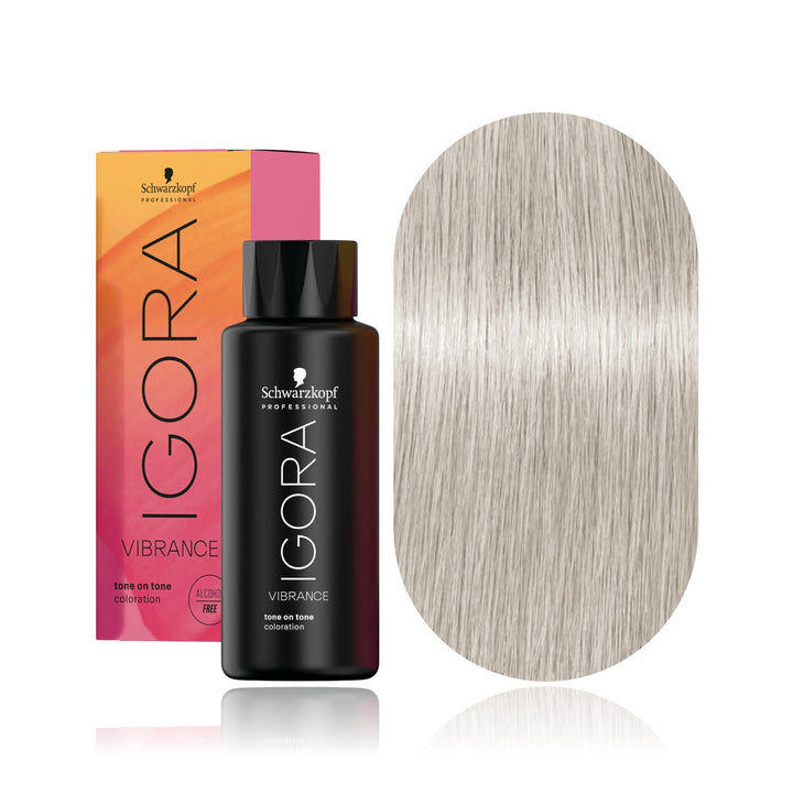 Schwarzkopf IGORA Vibrance 10-1 Cendré Soft Toner demi-permanent hair color bottle, box and hair swatch