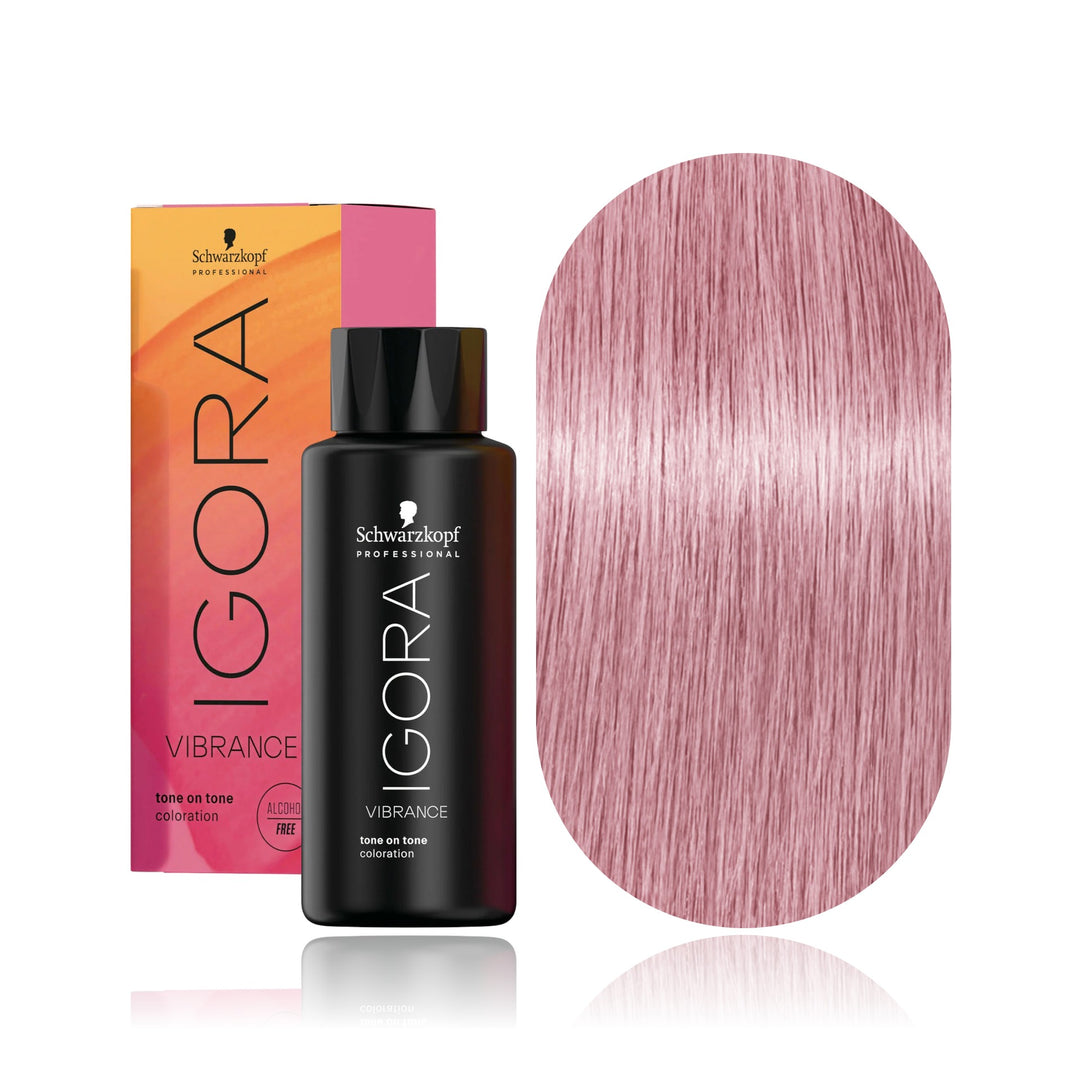 Schwarzkopf IGORA Vibrance 10-19 Cendré Violet Soft Toner demi-permanent hair color bottle, box and hair swatch