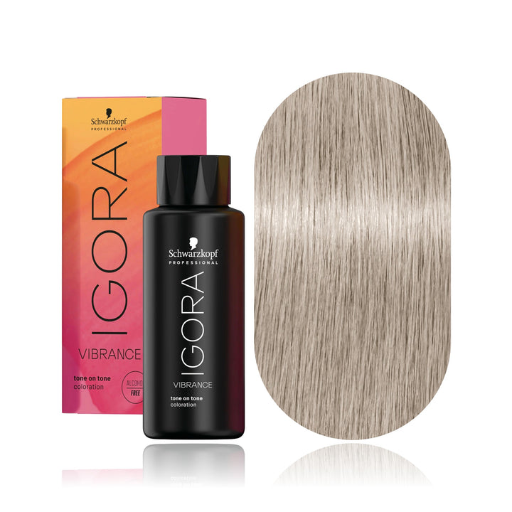 Schwarzkopf IGORA Vibrance 10-42 Beige Ash Soft Toner demi-permanent hair color bottle, box and hair swatch