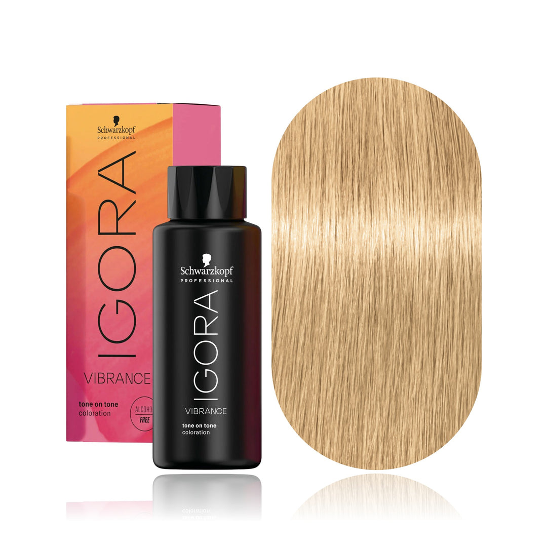 Schwarzkopf IGORA Vibrance 10-5 Gold Soft Toner demi-permanent hair color bottle, box and hair swatch