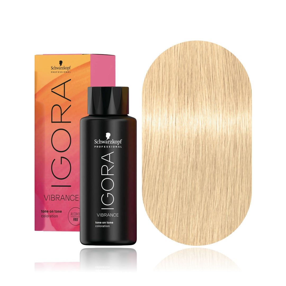 Schwarzkopf IGORA Vibrance 10-51 Gold Cendré Soft Toner demi-permanent hair color bottle, box and hair swatch