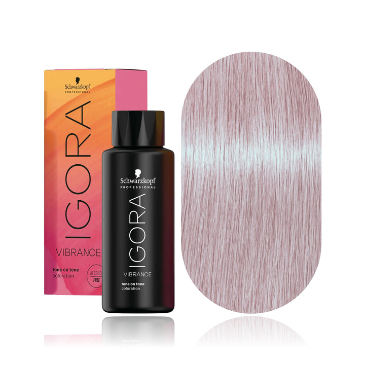 Schwarzkopf IGORA Vibrance 10-91 Violet Cendré Soft Toner demi-permanent hair color bottle, box and hair swatch