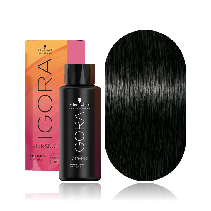 Schwarzkopf IGORA Vibrance 3-0 Dark Brown Natural demi-permanent hair color bottle, box and hair swatch