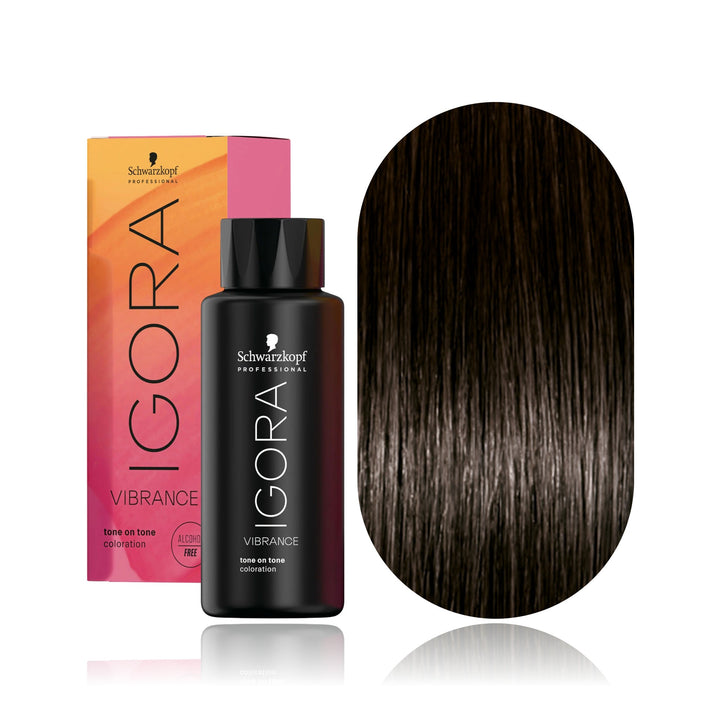 Schwarzkopf IGORA Vibrance 4-00 Medium Brown Natural Extra demi-permanent hair color bottle, box and hair swatch