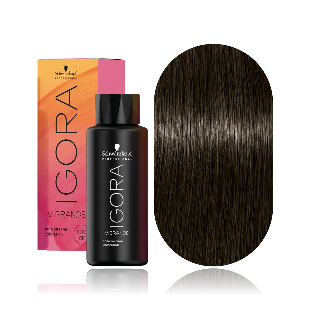Schwarzkopf IGORA Vibrance 4-13 Medium Brown Cendré Matte demi-permanent hair color bottle, box and hair swatch