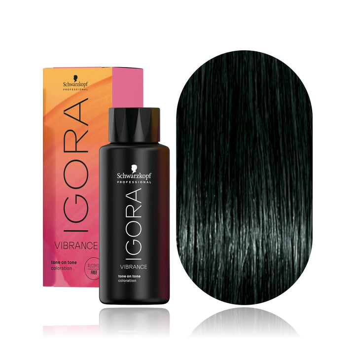 Schwarzkopf IGORA Vibrance 4-33 Medium Brown Matte Extra demi-permanent hair color bottle, box and hair swatch
