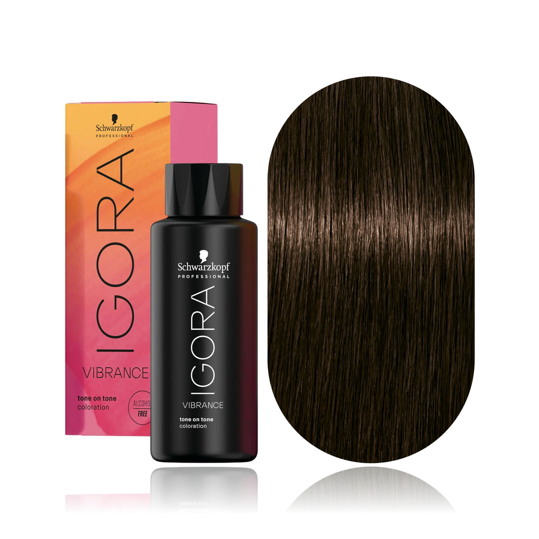 Schwarzkopf IGORA Vibrance 4-46 Medium Brown Beige Chocolate demi-permanent hair color bottle, box and hair swatch
