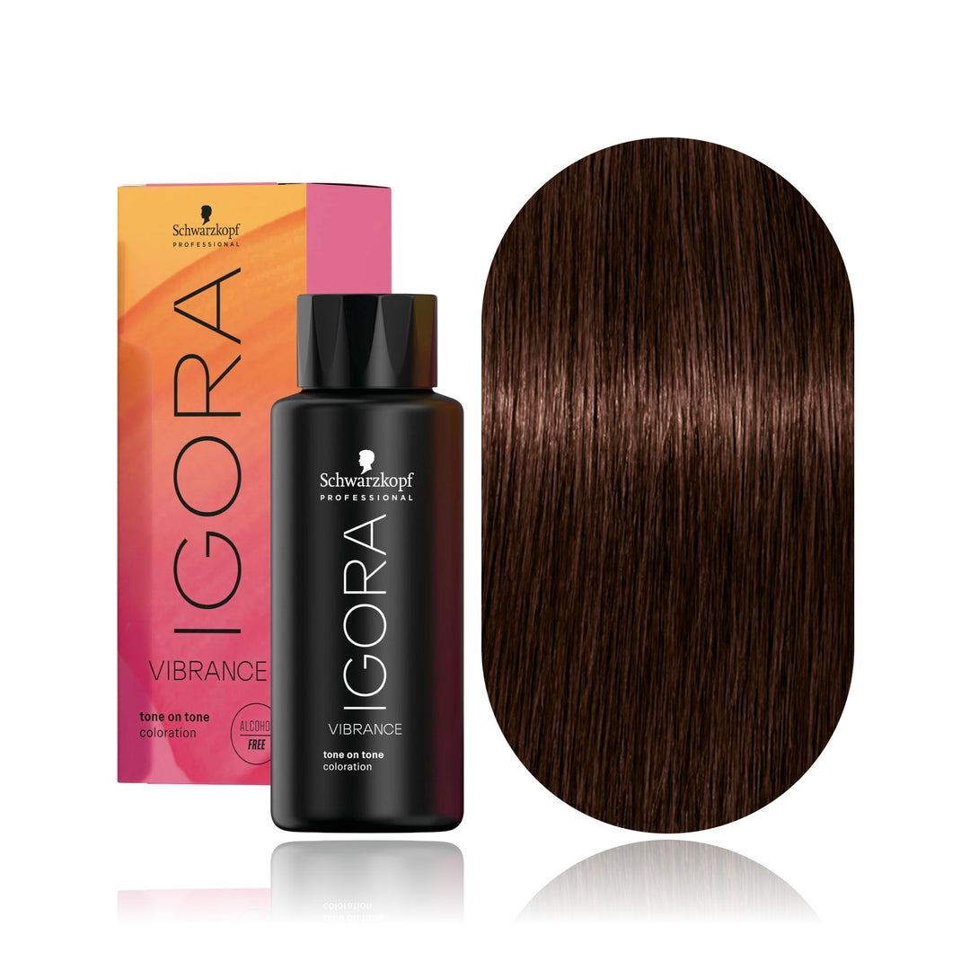 Schwarzkopf IGORA Vibrance 4-68 Medium Brown Chocolate Red demi-permanent hair color bottle, box and hair swatch