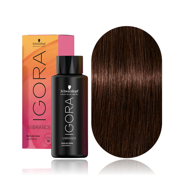 Schwarzkopf IGORA Vibrance 4-68 Medium Brown Chocolate Red demi-permanent hair color bottle, box and hair swatch