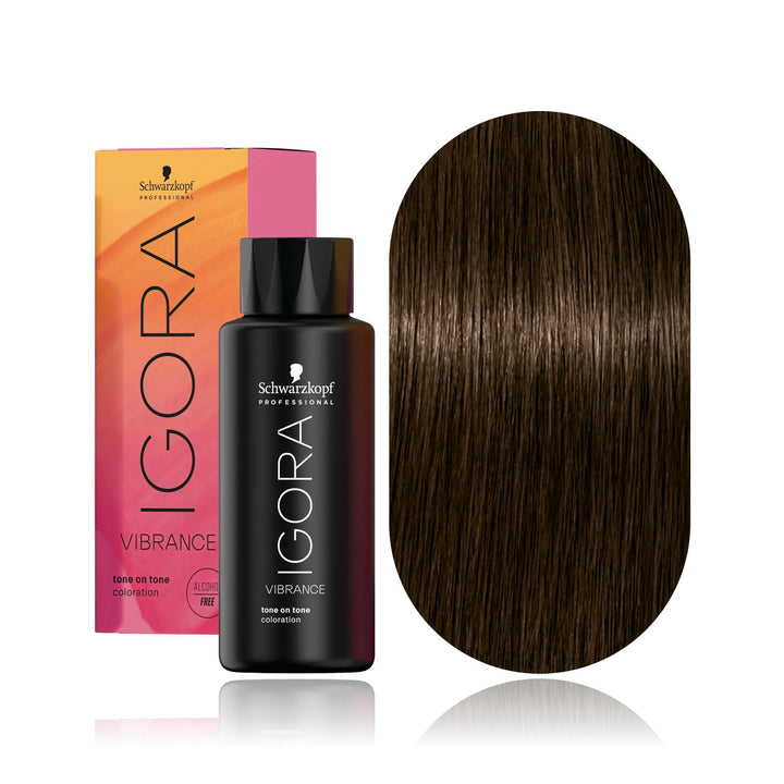 Schwarzkopf IGORA Vibrance 5-00 Light Brown Natural Extra demi-permanent hair color bottle, box and hair swatch