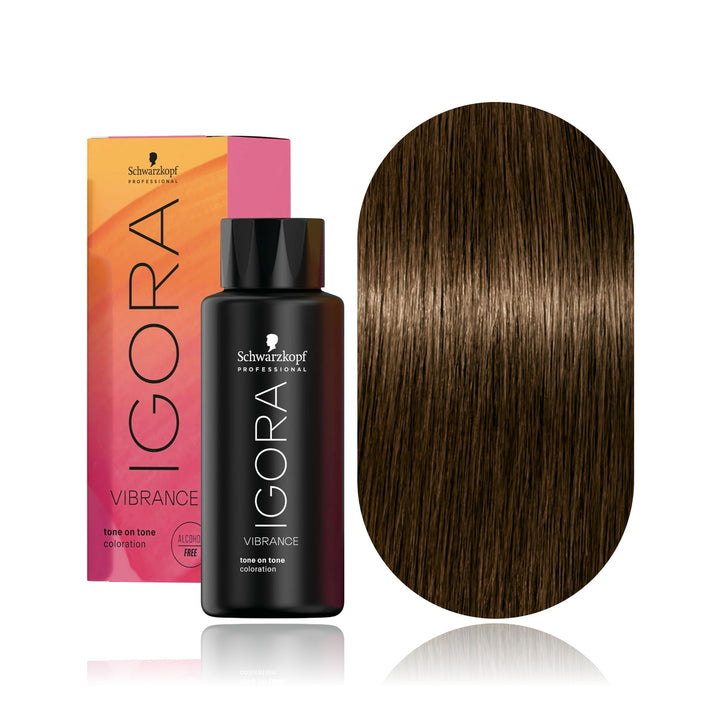 Schwarzkopf IGORA Vibrance 5-4 Light Brown Beige demi-permanent hair color bottle, box and hair swatch