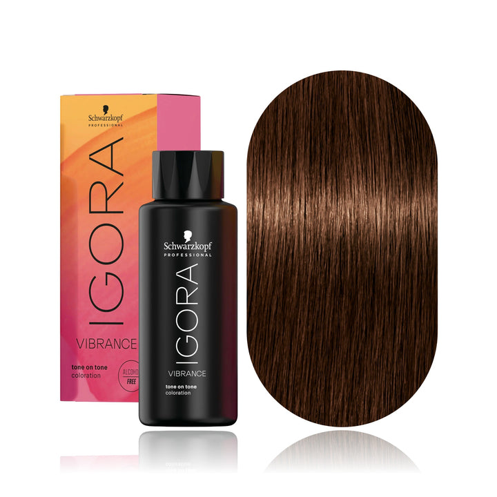 Schwarzkopf IGORA Vibrance 5-57 Light Brown Gold Copper demi-permanent hair color bottle, box and hair swatch