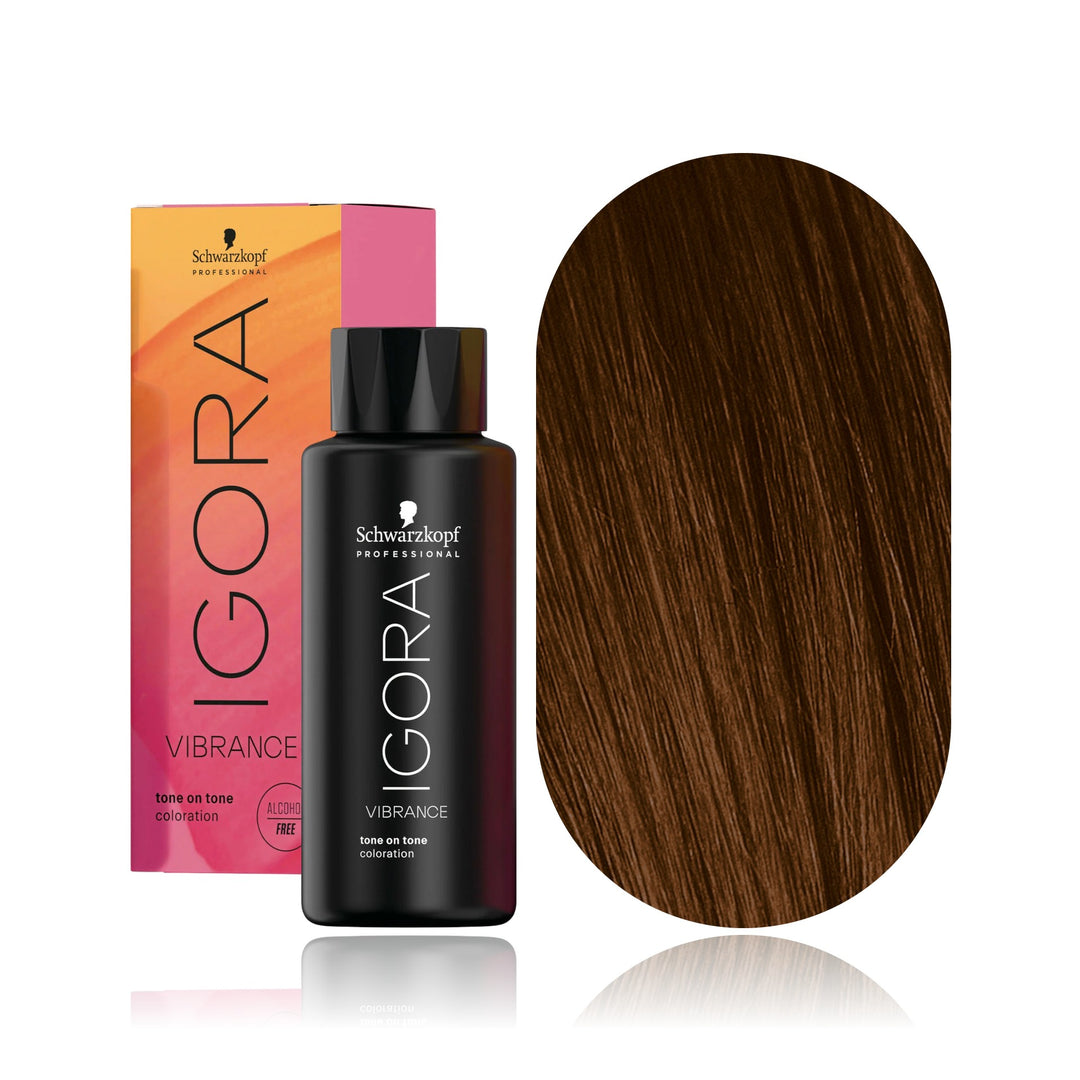 Schwarzkopf IGORA Vibrance 5-67 Light Brown Chocolate Copper demi-permanent hair color bottle, box and hair swatch