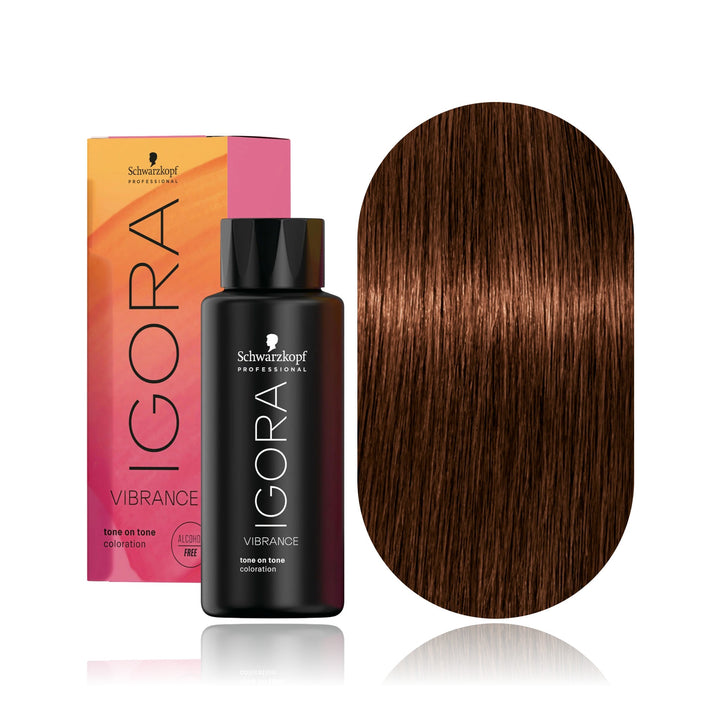 Schwarzkopf IGORA Vibrance 5-7 Light Brown Copper demi-permanent hair color bottle, box and hair swatch