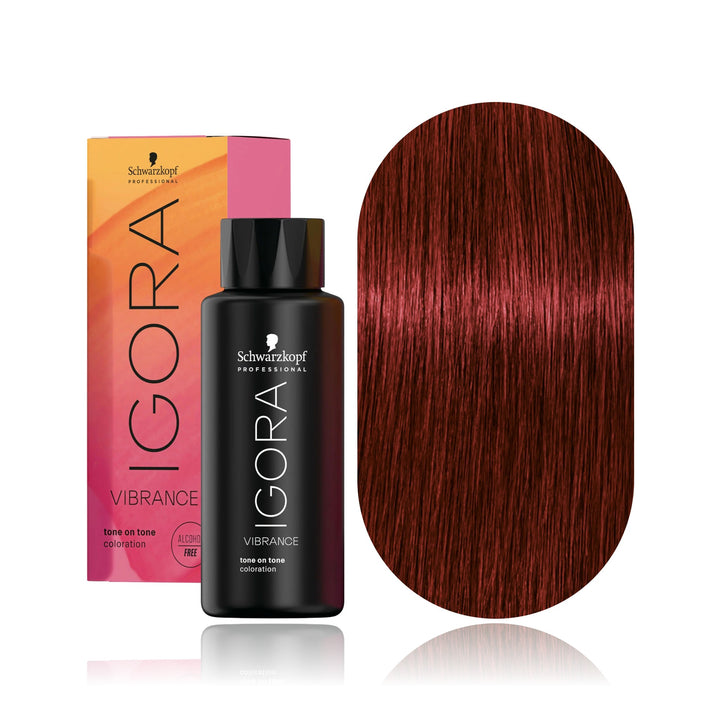 Schwarzkopf IGORA Vibrance 5-88 Light Brown Red Extra demi-permanent hair color bottle, box and hair swatch