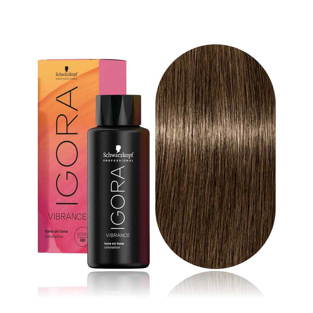 Schwarzkopf IGORA Vibrance 6-0 Dark Blonde Natural demi-permanent hair color bottle, box and hair swatch
