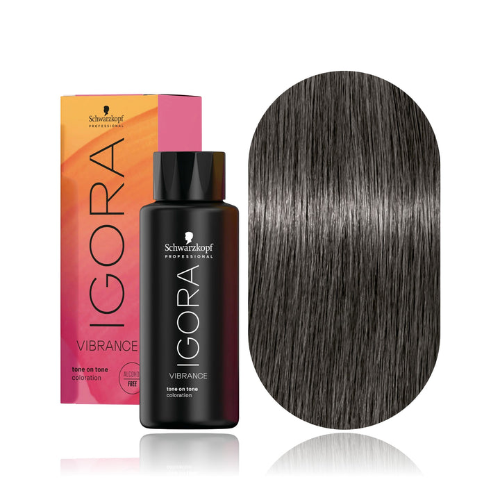 Schwarzkopf IGORA Vibrance 6-12 Dark Blonde Cendré Ash demi-permanent hair color bottle, box and hair swatch
