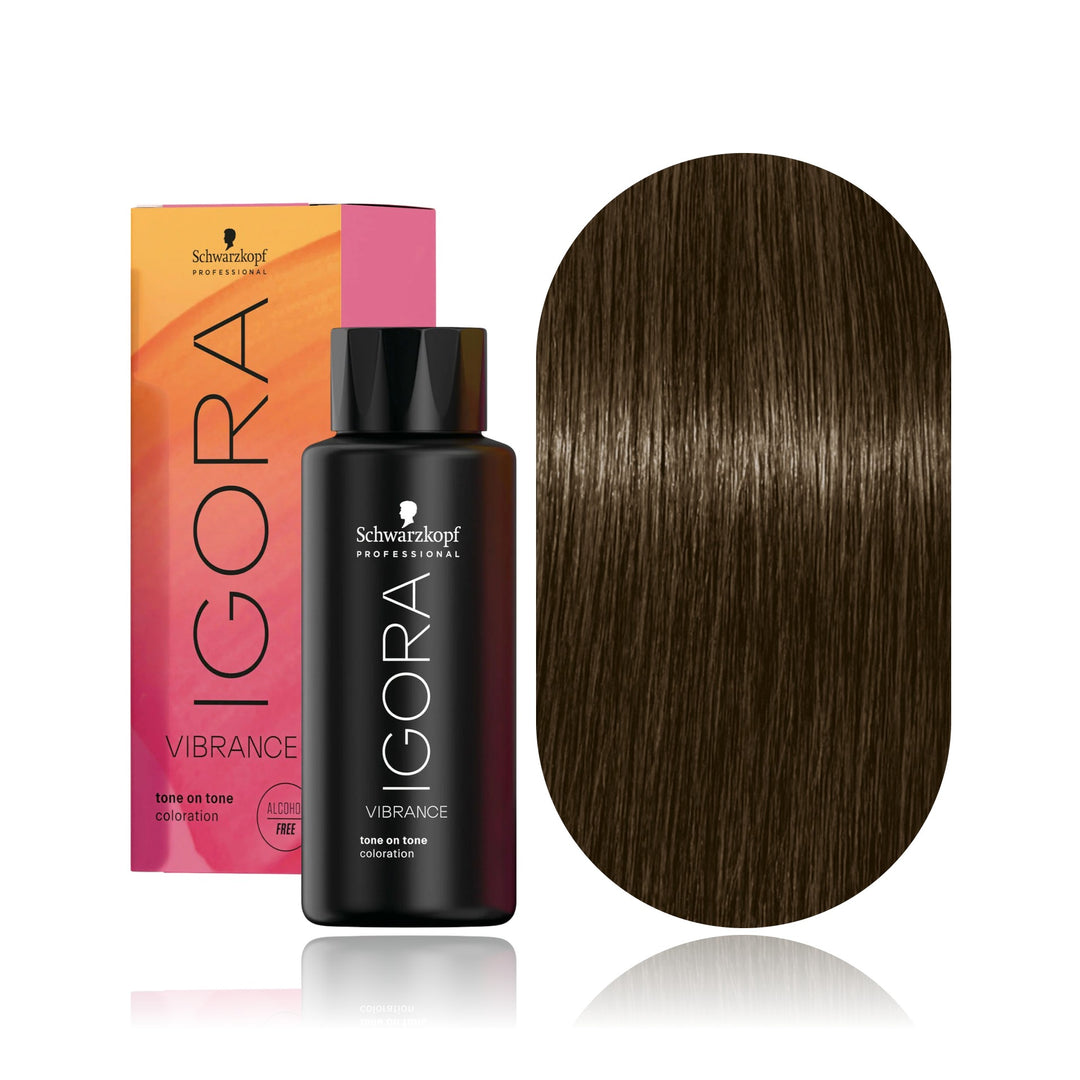 Schwarzkopf IGORA Vibrance 6-16 Dark Blonde Cendré Chocolate demi-permanent hair color bottle, box and hair swatch