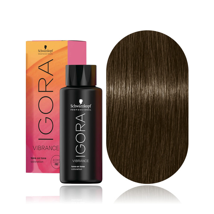 Schwarzkopf IGORA Vibrance 6-16 Dark Blonde Cendré Chocolate demi-permanent hair color bottle, box and hair swatch