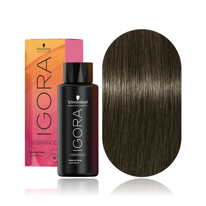 Schwarzkopf IGORA Vibrance 6-23 Dark Blonde Ash Matte demi-permanent hair color bottle, box and hair swatch