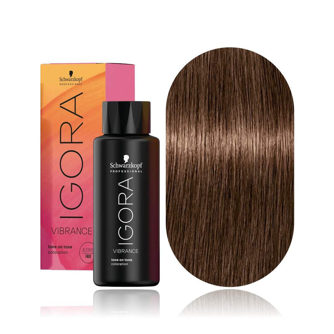 Schwarzkopf IGORA Vibrance 6-46 Dark Blonde Beige Chocolate demi-permanent hair color bottle, box and hair swatch